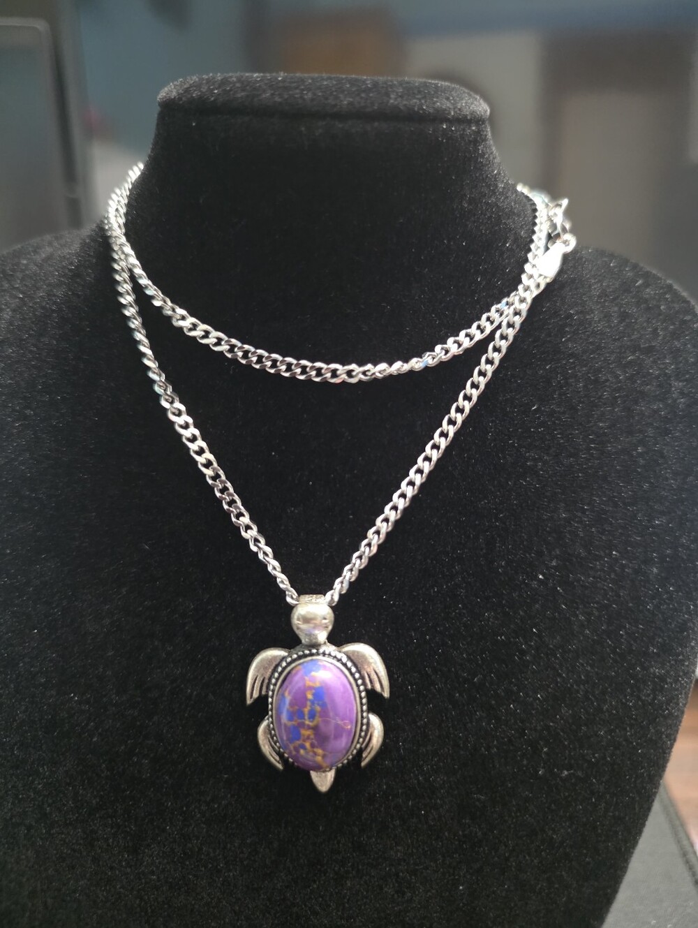 Genuine Stone Turtle Necklace 20" Stainless Steel Cuban Chain Choice of Color